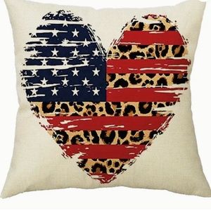 NEW ANIMAL PRINT AMERICAN FLAG HEART AMERICANA 4TH OF JULY LINEN PILLOW COVER